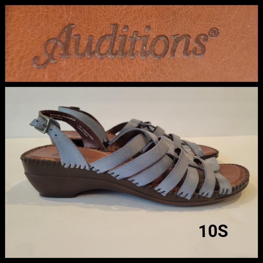 Auditions blue leather wedge sandals 10S